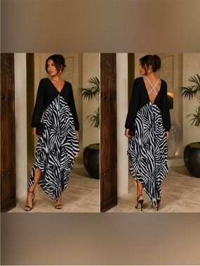 S-DEER Zebra Print Asymmetrical Maxi Dress Open Back Rhinestone